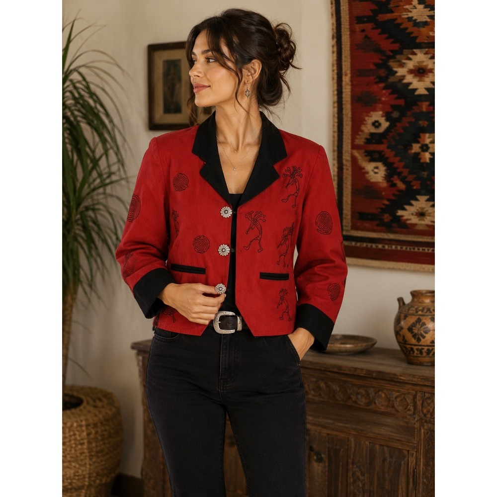 Phoenix Conexion Red Cotton Southwest Kokopelli Embroidered Jacket Large Nepal